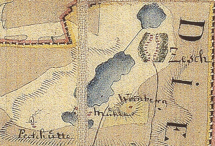 Zesch am See auf der Schmettauschen Karte von 1767–1787, mit Pechhütte und Mühle