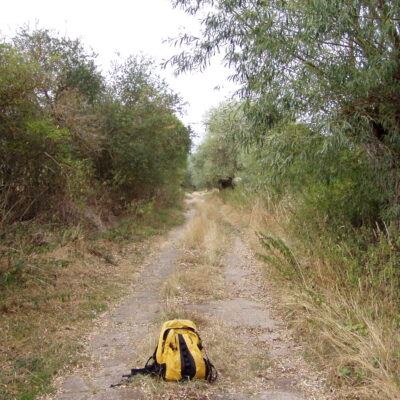 mein gelber Wanderrucksack als Wegelagerer in der Uckermark